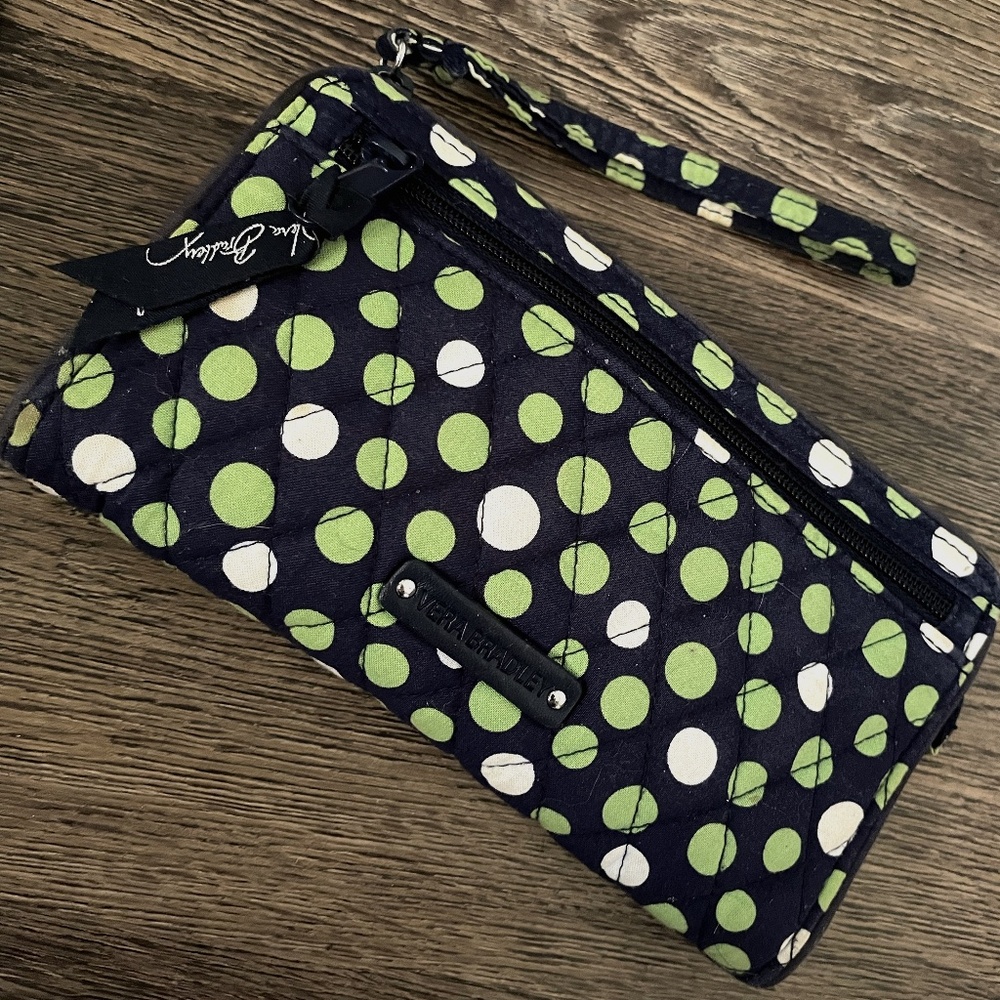 VB Padded Navy Blue wrist wallet w/ green & white polka dots
